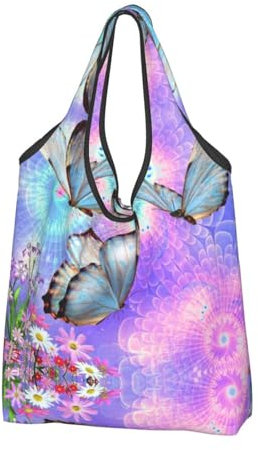 Jmorco Gold Bling Große wiederverwendbare faltbare Damen Einkaufstasche Eco Tote Handtasche faltbar Shopper Tasche, Blumen Bunte Schmetterlinge, Einheitsgröße
