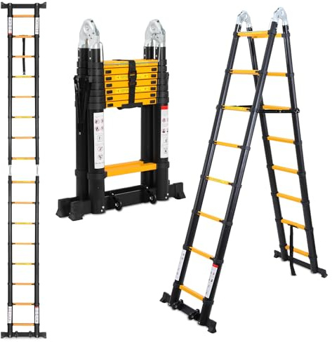 Fiqops 5m(2.5m+2.5m) Teleskopleiter A Frame, Klappleiter Alu Multifunktionsleiter mit Stabilisator Bar und Rädern, Rutschfester Tragbar Ausziehleiter Max Belastung 150 KG, Schwarz Gelb