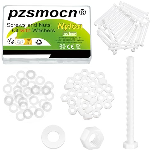pzsmocn 90 Pièces/30 Ensembles M6*70 mm en Plastique Nylon Blanc M6 Vis | Hexagonales Rondelle Assemblage, Externes Isolante Électronique, Écrou Taille Câble, Combinaison Standard, Kit Bricolage