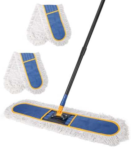 24 Commercial Dust Mop for Floor Cleaning,Heavy Duty Floor Duster with 2 Cotton Reusable Mop Pads,59” Long Handle Wet Dry Flat Mops for Hardwood Floors,Marble, Laminate,Tile,Concrete,Garage (Blue)