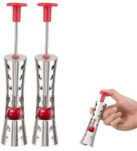 2uds Herramientas para Deshuesar Cerezas, Deshuesador de Aceitunas y Cerezas de Acero Inoxidable Removedor de Huesos de Frutas para Hacer Mermelada de Cerezas (Rojo)