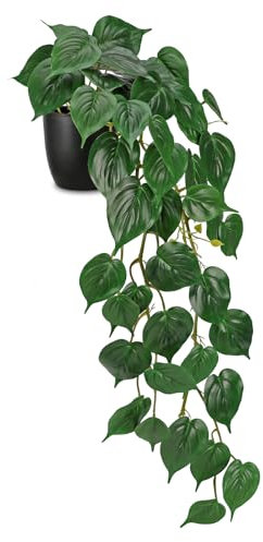 Hollyone Künstliche Pflanzen Hängend 85cm Golden Pothos Zimmerpflanze Gefälschte Efeupflanze Künstliche Hängepflanze im Topf für Haus Zimmer Regal Büro Tischdeko Grün