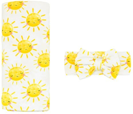 Little Sleepies Swaddle & Headband Bow Set, Viscose from Bamboo Baby Swaddles, Newborn Baby Girl Clothes (Luxe Sunshine)