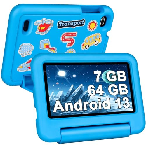 SEBBE Tablet niños, Tablet 7 Pulgadas 7GB RAM+64GB ROM+TF 1TB,Control Parental | Educación Infantil+Juegos | Cámara Dual | Bluetooth 5.0 | 1024 * 600,Tableta para niñoscon Funda EVA Azul