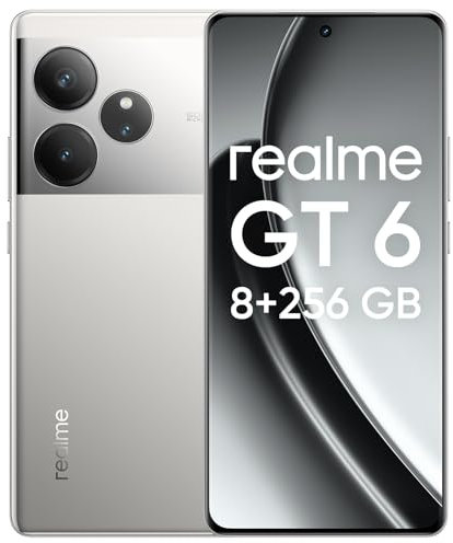 realme GT6 Smartphone, teléfono móvil 5G 8+256GB, Snapdragon 8s Gen 3, Pantalla ultrabrillante de 6000nit, cámara de 50MP+50MP+8MP, teléfono, batería masiva de 5500mAh, sin Adaptador, Plata Fluida