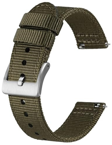 BISONSTRAP Klockarmband i nylon, tvådelade militära klockremmar, snabb frigöring, borstat spänne, 22 mm, armégrön (silverspänne)