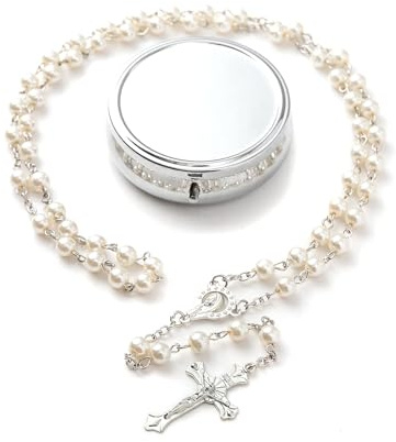 Kinretixia Collar de rosario, rosario católico, regalo de confirmación para adolescentes, rosario de perlas blancas de imitación, regalos para mujeres