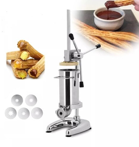 IUokLU Máquina de llenado Vertical de donas españolas de Acero Inoxidable Manual Comercial con 5 moldes máquina para Hacer donas españolas para restaurantes,2 litros