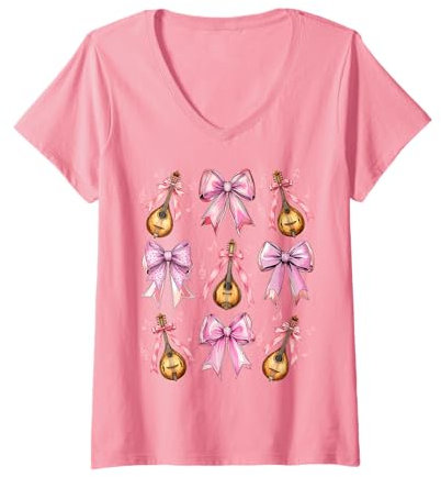 Femme Instrument de mandoline avec nœud à coquette Rose T-Shirt avec Col en V