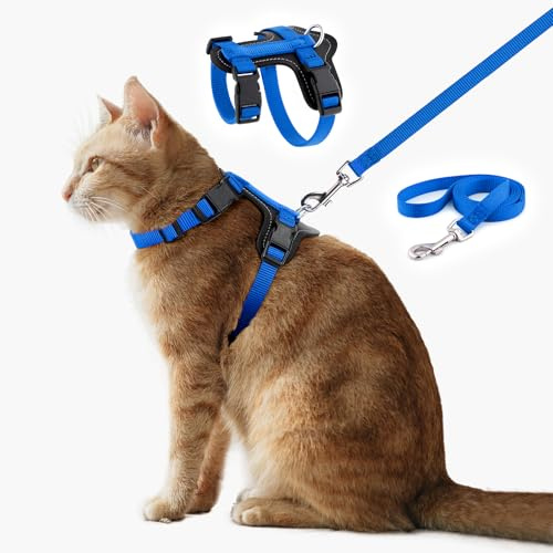 Plutus Pet Adjustable Cat Harness and Lead Set, Quick Release, Escape Proof Nylon Vest with Leather Trim for Kitten, Small Medium Large Cats, Royal Blue
