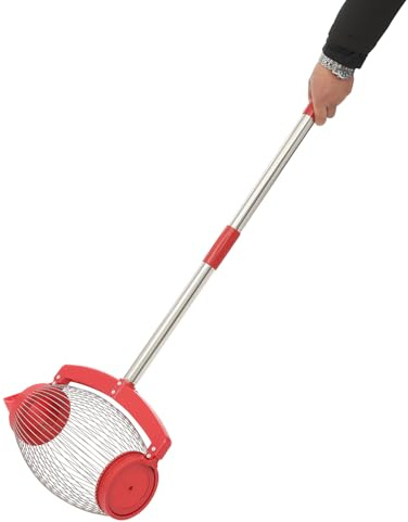 Susoso Walnuss Sammler, Nuss-Sammler mit Entleerungsöffnung Gesamte Grifflänge 111.5cm Obstsammler Kapazität der Aufbewahrungstasche 15L für eine Vielzahl von Umgebungen Silber + Rot
