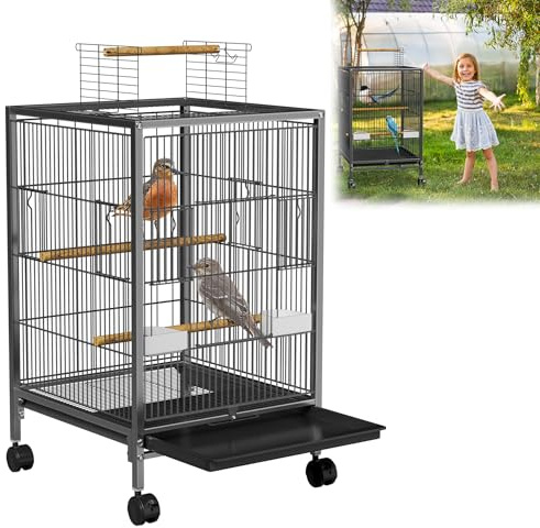 ORHEYA Jaula para aves con ruedas – voladizo para periquitos, loros y periquitos – jaula para periquitos con barras de madera y comederos, casita para aves tipo D