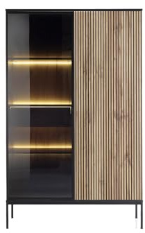Vente-unique-Vitrina 2 Puertas y 1 cajÛn con Luces LED en MDF y Vidrio Ahumado - Negro y Natural - Ovila