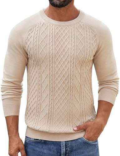 COOFANDY Jersey Hombre Punto Manga Larga Invierno Cálido Patrón Trenzado Cuello Redondo Business Casual Caqui M