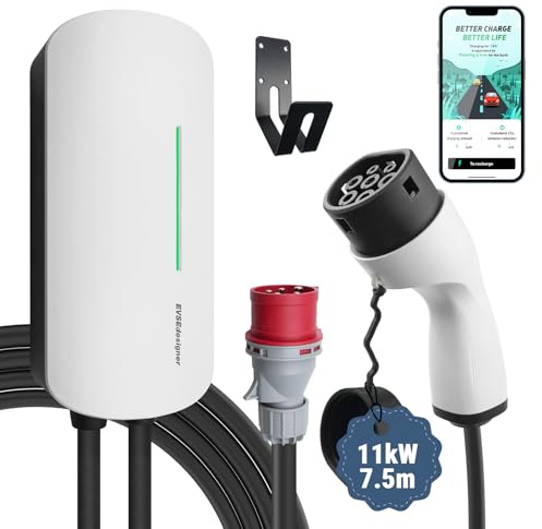 EVSEdesigner Wallbox 11kW avec APP Borne de Recharge Véhicules Électrique, Type 2 Station de Charge, 400V 6-16A Triphasés Câble de 7.5M Utilisation Extérieure et intérieure, RCD Tyoe A+6mA, IP66
