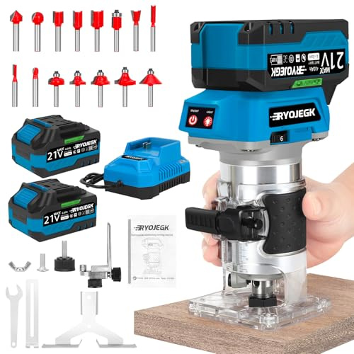 RYOJEGK Cordless Wood Router Tool,21V Brushless Palm Router,Compact Trim Router 6-Speed with 20 PCS 1/4 Bits LED,Fresadora Para Madera for Woodworking Slotting & Edging