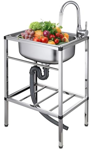 Generico Lavello da Cucina Commerciale in Acciaio Inossidabile Indipendente - Lavandino lavamani a Vasca Singola per Uso Interno/Esterno, Include Rubinetto dell'Acqua Fredda, Vasca per la preparazion