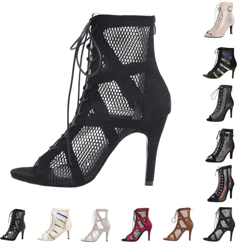 Générique Chaussures de Danse Femme Latine Talons Bout Ouvert Lacets Salle de Bal Salsa Bachata Danse Bottines Talon 7 cm