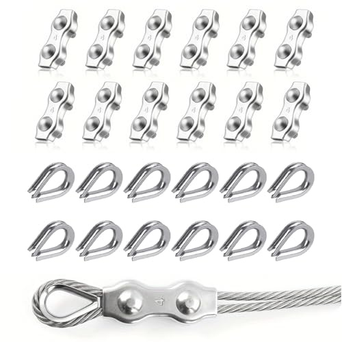 24 Stück Drahtseilklemmen, 304 Edelstahl Duplex Klemme - uplex klemme 4mm und kauschen 4mm für Stahlseil Seil Takelage, Wäscheleine, Markise (M4)