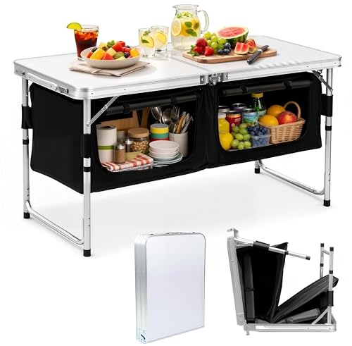 Daromigo Mobil campingkök vikbart, 120 x 47 cm – justerbar höjd i 3 steg, ultralätt campingskåp (6,3 kg) med rullskydd och 2 fack, stabilt vikkök för husbil och tält