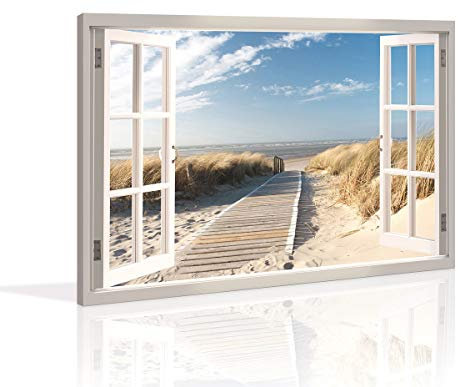 Visario Bild 120 x 80 cm auf Leinwand Düne Fensterblick 5007-SCT deutsche Marke und Lager - Die Bilder/Das Wandbild/der Kunstdruck ist fertig gerahmt