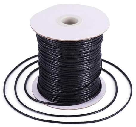 PandaHall 100 Yards/Roll 2mm Braided Waxed Polyester Cord String DIY Jewelry Craft Macramé Making Beading Thread Rope with Spool (Black)