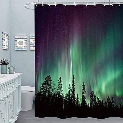 M&W DAS DESIGN duschdraperi skog Norge Aurora Borealis stjärnor himmel gröna toner norrsken kosmos universum galax textil gardin mögelresistent inkl. 12 C-ringar vikt nertill 180 x 200 cm (B x H)