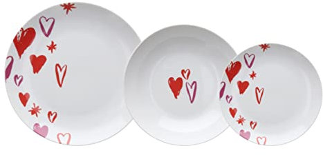 Tognana Amore, Servizio tavola per 6 persone, 18 pezzi, porcellana bianco con cuori rossi