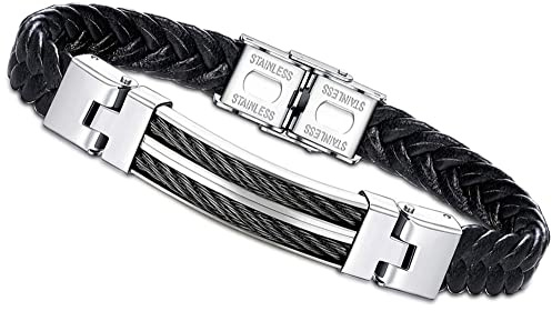 KALVICA Bracelet pour Hommes en Cuir, Acier Inoxydable Noir et Silicone - Ajustable 21 cm