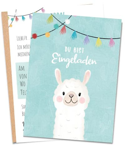 MeinBaby123® 10 Einladungskarten Kindergeburtstag Mädchen und Jungs | süße Geburtstagseinladungen für Kinder | Alpaka Einladungskarten | inkl. 10 Briefumschläge | Premium Qualität (Alpaka V2)