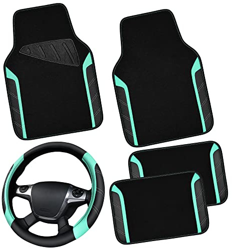 CAR PASS Leder Lenkradbezug und wasserdichte Auto Fußmatten, Mikrofaser Universal Auto Combo passend für 95% LKWs SUVs Autos, 36.8-38.1CM Sportlich Anti-Rutsch Design(Schwarz Minze)