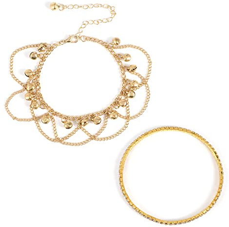 Pwsap 2pcs Bracelet de Cheville pour Femme, Cloches Réglable Bracelets de Cheville en Or Diamant Chaîne Bijoux de Pied Dainty Layered Cheville Ensemble Cadeau Chaine De Cheville pour Femme Fille