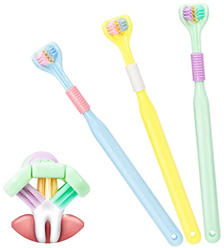 3 x Spazzolino da denti a 3 lati, spazzolino da denti morbido per adulti, super spazzolino compatto, spazzolino da denti junior, triplo ideale per adulti e bambini autisti (blu giallo verde)