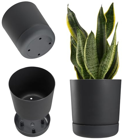 KADAX Blumentopf mit Untersetzer, Pflanzentopf aus Kunststoff, Minimalistischer Pflanzkübel, Dekorativer Topf für Blumen, Kakteen und Kräuter (17cm, Anthrazit)