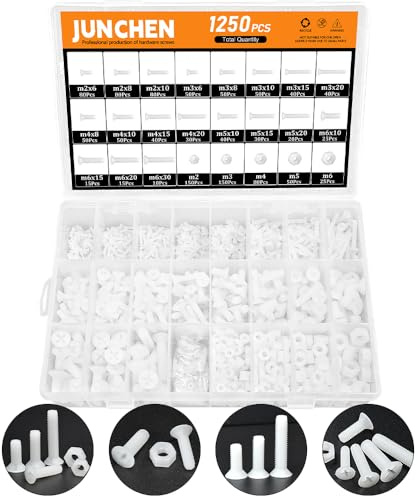 1250PCS White Flat Head Phillips Screws Bolts and Nuts, M2 M3 M4 M5 M6 Metric Full Threaded Phillips Cross Recessed Nylon Plastic Bolts Nuts Assortment Kit Set for Insulate or Fasten PCB Board