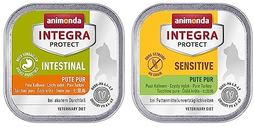 animonda Integra Protect Intestinal Katze & animonda Integra Protect Katze Sensitive, Diät Katzenfutter, Nassfutter bei Futtermittelallergie, Pute Pur, 16 x 100 g