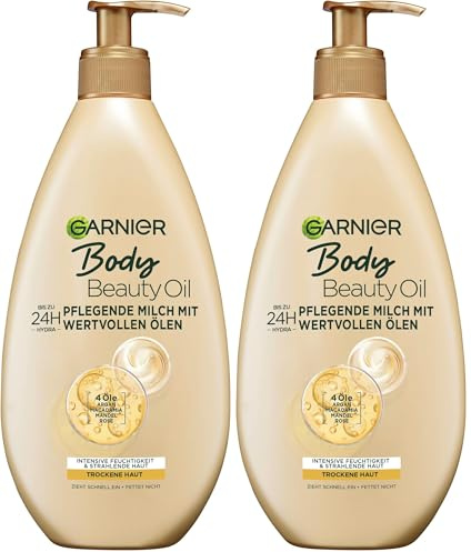 Garnier nährende Öl Milch/Körper Öl mit 4 wertvollen Ölen: Argan, Macadamia, Mandel, Rose, für trockene Haut- fettet nicht, klebt nicht, Oil Beauty, 2er Pack - 400ml