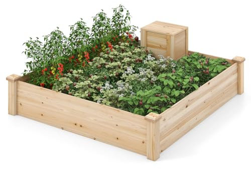 COSTWAY Jardinière Surélevée en Bois Base Ouverte, Grand Lit de Jardin Carré avec Bac à Compost pour Légumes Fleurs Herbes, pour Patio Balcon, Naturel, 124 x 124 x 25,5 cm