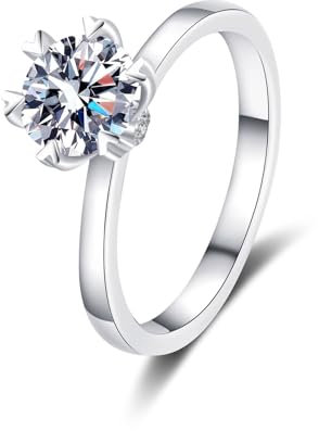 AMDXD 14K Weißgold Au585 Hochzeitsring Echtschmuck, Klassiker Diamantring mit Labor Erstellt Diamant 1 Karat (Rundschliff, VVS1), 14K Damen, Gr.47 (15.0)