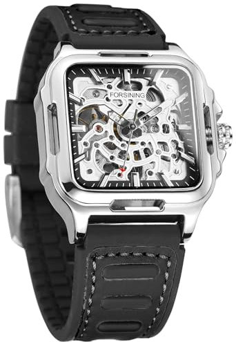 FORSINING Men's Waterproof Skeleton Stylish Watch Automatic Steampunk Self Winding Silicone Strap Luminous Square Wrist Watch (2-Silver)