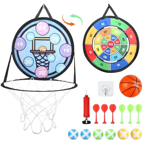 DBREAKS Dartscheibe Kinder mit Basketballkorb, 37cm Spielzeug Doppelseitige Dartscheibe, Faltbares Indoor und Outdoor Wurfspie, Doppelseitige Klettball Dartscheibe für Zimmer, Kinder Geschenke