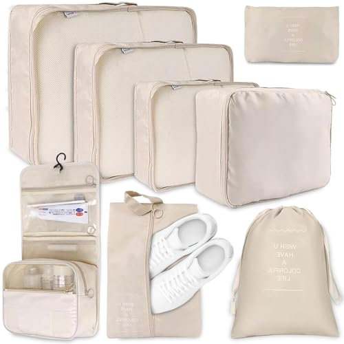 LOVICVKEM Organisateur Valise Lot de 8 Organiseurs de Bagage pour Voyage, Packing Cubes, Rangement Valise, Sacs à Chaussures, Sacs de Rangement pour Cosmétiques (Beige)