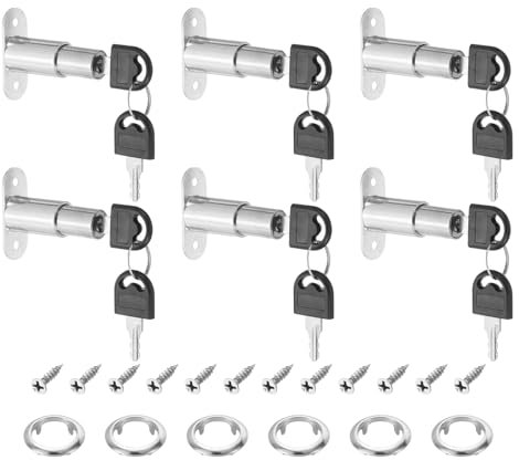 PATIKIL Push Plunger Lock, 6 Pack 22mm Cylinder Length 3/4 Cylinder Diameter Zinc Alloy Chrome Finish Desk Drawer Lock Keyed Different for File Cabinet Wardrobe Sliding Door