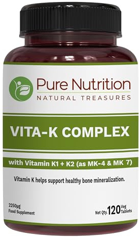 Pure Nutrition Vitamin K Complex K1 + K2 | 2250 mcg | 120 Tab | Full Spectrum K Vitamin Supplement with K1 1000mcg, K2 as MK4 1000mcg + K2 as MK7 250 mcg | Non GMO | Gluten Free