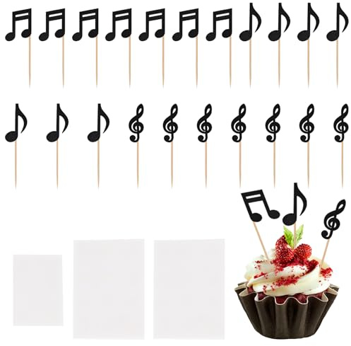 Amexo 24 Pezzi Decorazioni per Cupcake con Note Musicali Glitterate, Decorazioni per Torte con Simboli Musicali, Note Musicali Cupcake Toppers per Feste di Nascita, Feste di Compleanno (Nero)