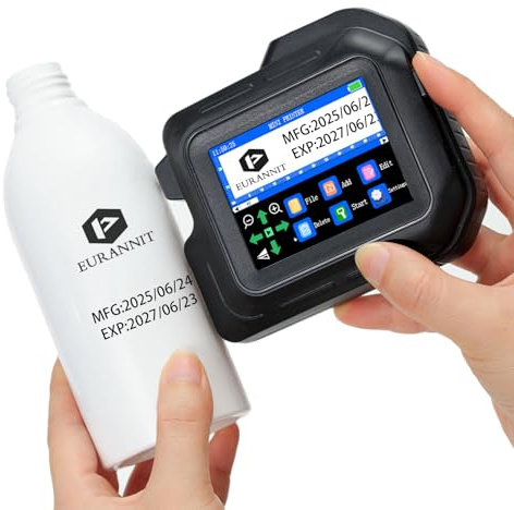 Eurannit Mini Impresora de Inyección de Tinta E98, Impresora de Mano Portátil con Boquilla de 12,7 mm y Pantalla táctil de 2,8 para Imprimir Texto, código de Lote, Logotipo y Fecha en Superficie