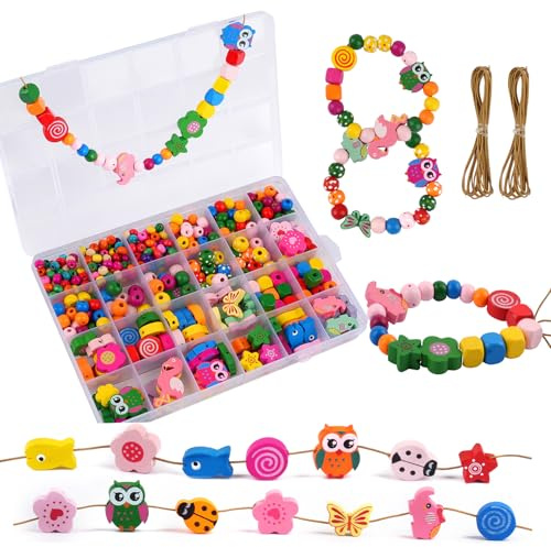 Holzperlen für Kinder ab 4 Jahre,433 Stück Blumen & Tiere Perlen,mit Schnur | Mit Blumen & Tiermotiven mit Auffädel-Schnur.Ideal für DIY-Armbänder,Schmuckherstellung & Kinder-Bastelset–kreativ&lehrreich