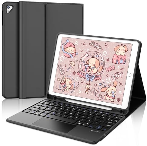 IVEOPPE Teclado para iPad 6/5 generacion 9.7/Air 2/Air 1/Pro 9.7 con Touchpad, Funda Teclado Trackpad Español Ñ QWERTY Bluetooth Desmontable para iPad 2018, Negro