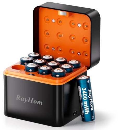 RayHom 12-Pack Rechargeable Lithium aa Batteries with Charger, 1.5V Constant Output, 3400mWh High Capacity, 12-Slot Double A Li-ion Charger with Smart Charging, Multiple Charging Protections