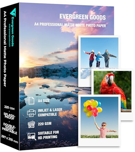 Inkjet & Laser Fotopapier A4 matt spritzwassergeschützt 50 Blatt 220GSM doppelseitig bedruckbar für Canon HP Epson Drucker